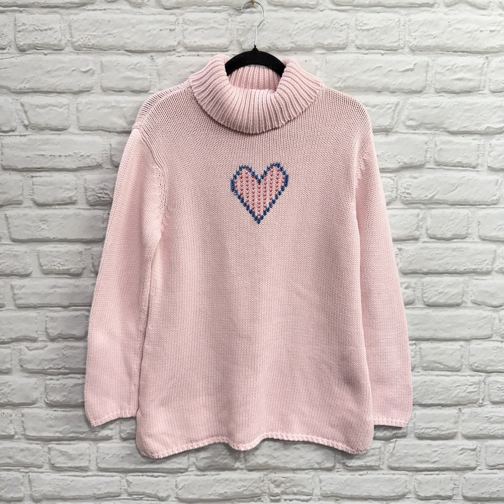 Vtg 90s Knit Embroidered Sweater Sz L Turtle Neck Pink‎ Heart - Romantic Pretty